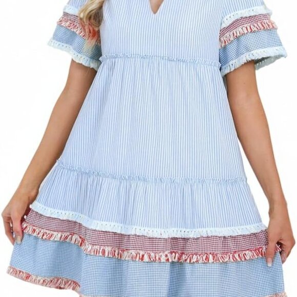 Dresses & Skirts - Women Striped Mini Dress V Neck A Line Flowy Fringe Hem Puff Sleeve